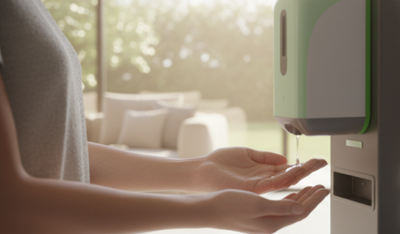 Person Using Automatic Sanitizer Dispenser
