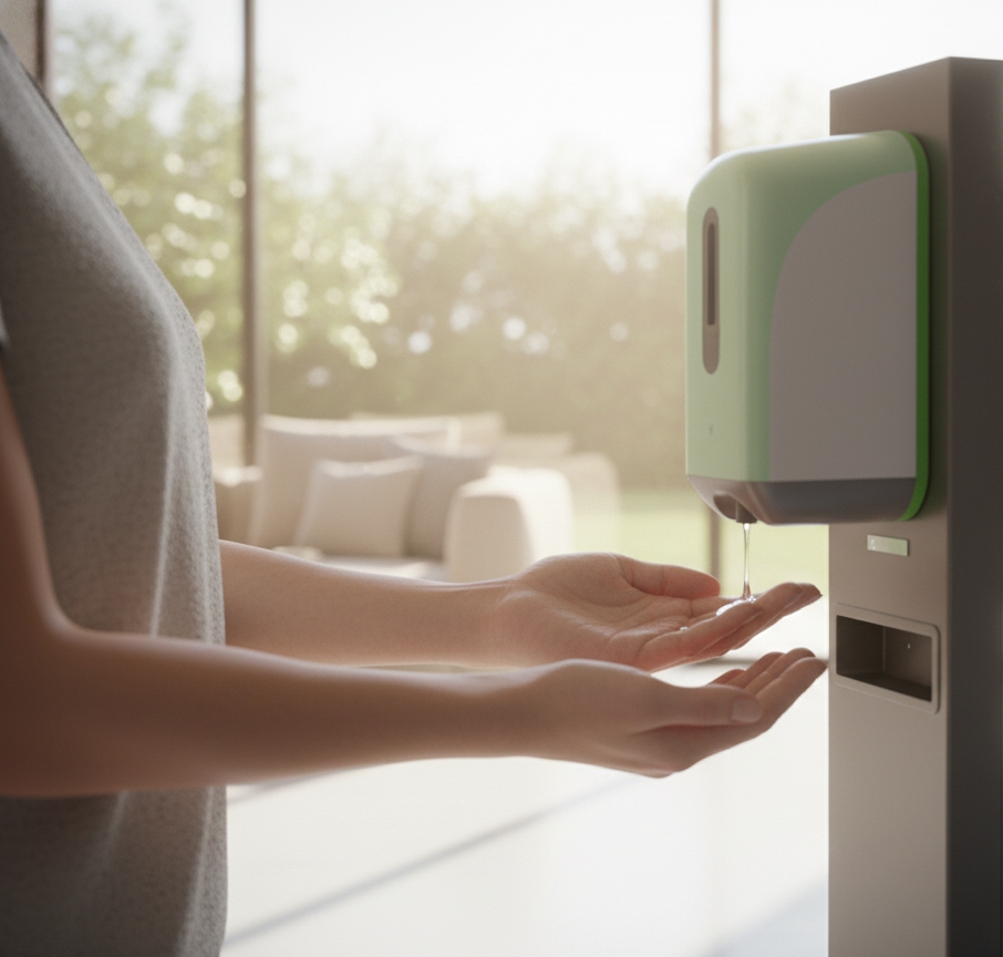 Person Using Automatic Sanitizer Dispenser