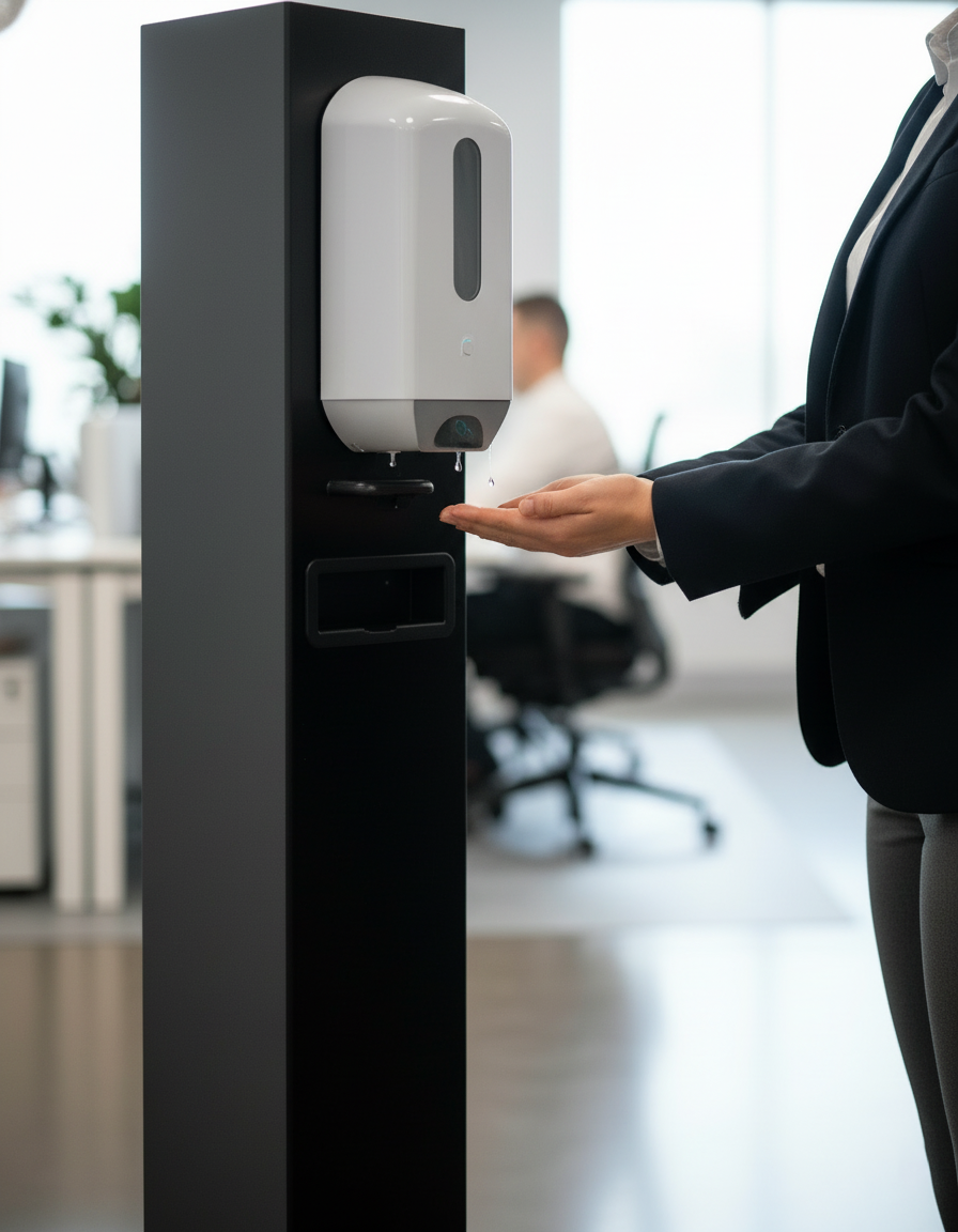 Hands Using Touch-Free Sanitizer Dispenser