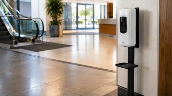 Sanitizing floor stand public lobby