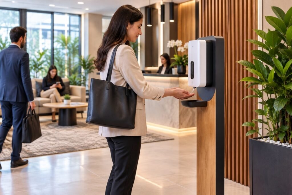 Designer hand sanitizer station in modern lobby